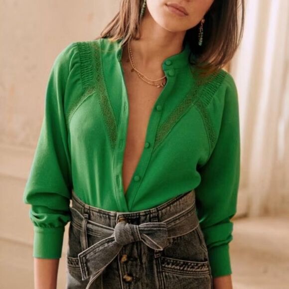Sezane Fride Blouse Emerald Green Vert Flash French Girl Top Lightweight Size 2 - Picture 3 of 13